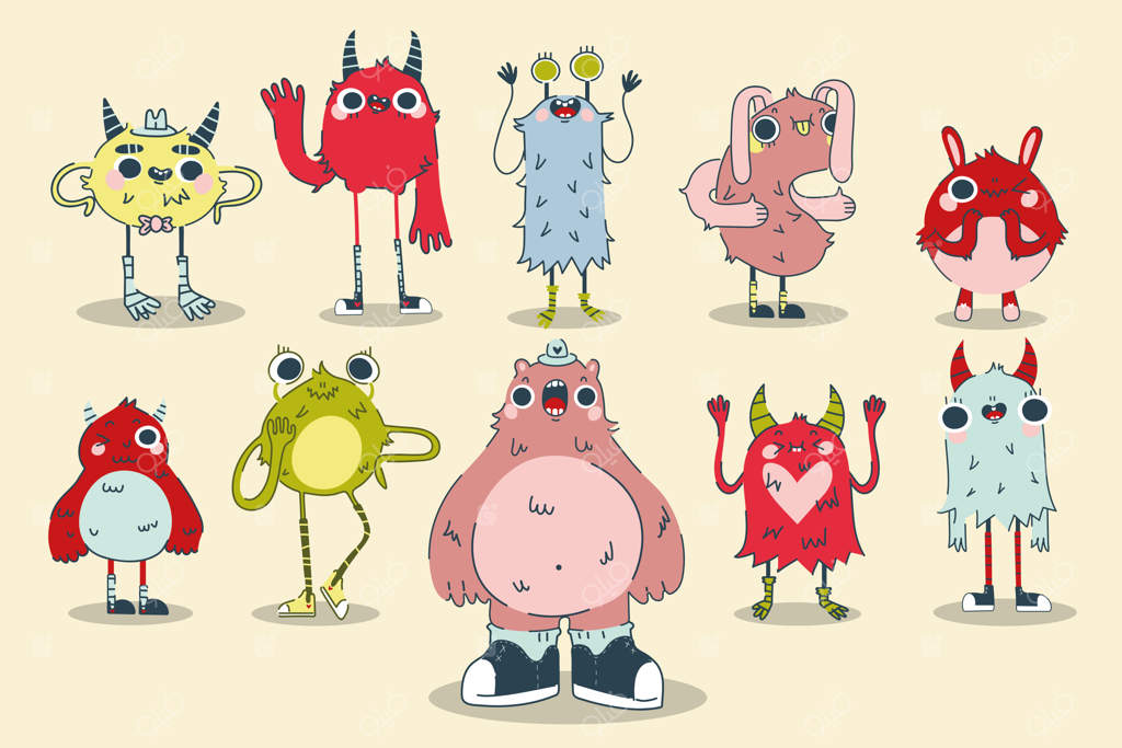 مجموعه طراحی‌های هیولاها: کلکسیونی از الگوهای دستی رنگارنگ موجودات ترسناک، موجودات بیگانه، هیولاهای زشت و گریم‌لین‌های خشمگین. تصویرسازی شخصیت‌های کمیک هالووین.