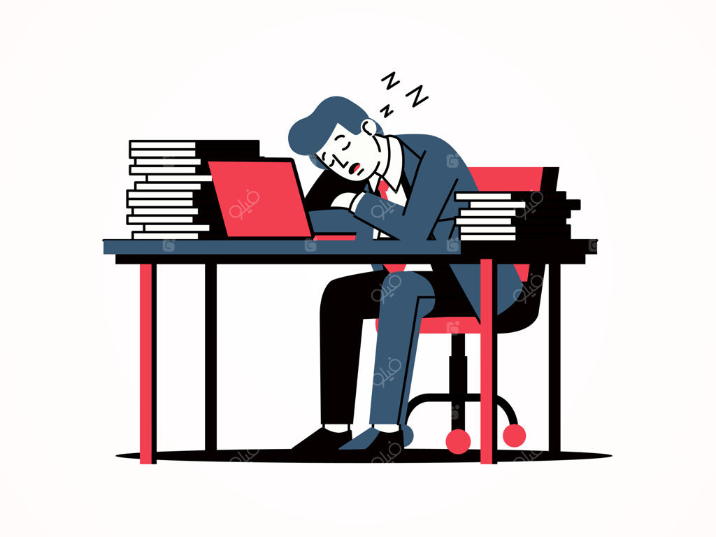 کارمند خواب در پشت میز کار، طرح کارتونی. مناسب برای مشاغل و کسب‌وکارها