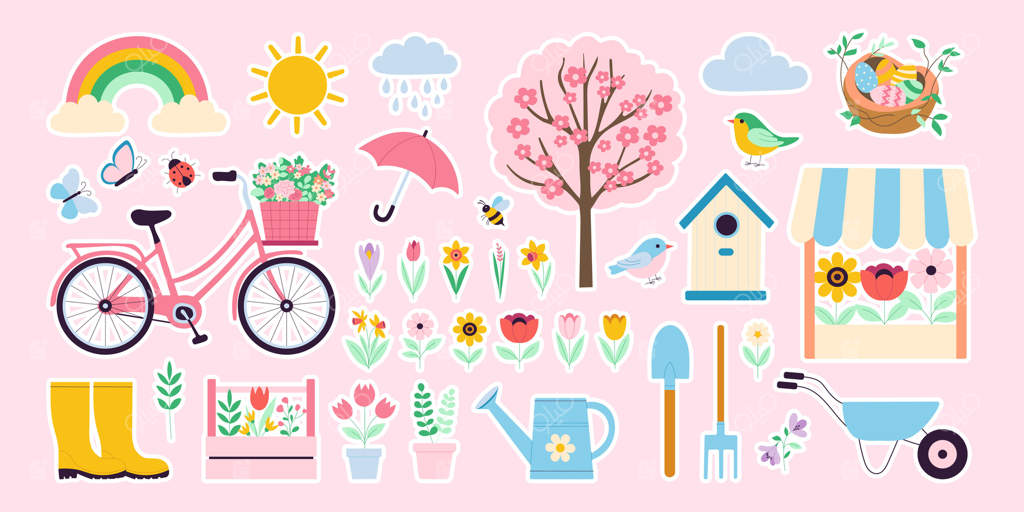 مجموعه‌ای از استیکرهای رنگارنگ با تم باغ و فضای باز، شامل دوچرخه، لانه پرنده و پرنده