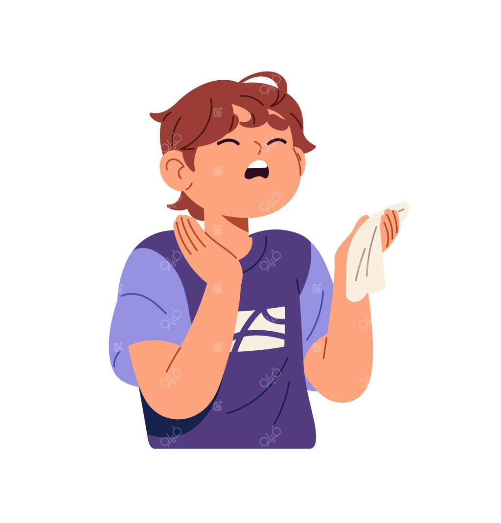 کودک مریض با دستمال بینی، عطسه می‌کند؛ کودک بیمار با دستمال‌کاغذی سرفه می‌کند؛ پسر بچه‌ای که از علائم رینیت آلرژیک، سرماخوردگی و آنفلوانزا رنج می‌برد. تصویر برداری مسطح در پس‌زمینه سفید.