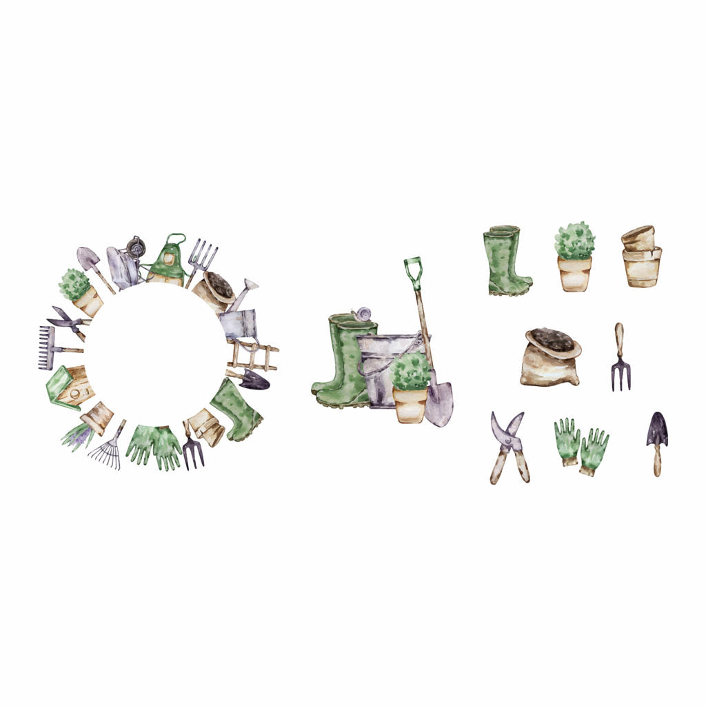 قاب باغ آبرنگی با عناصر ابزار باغبانی