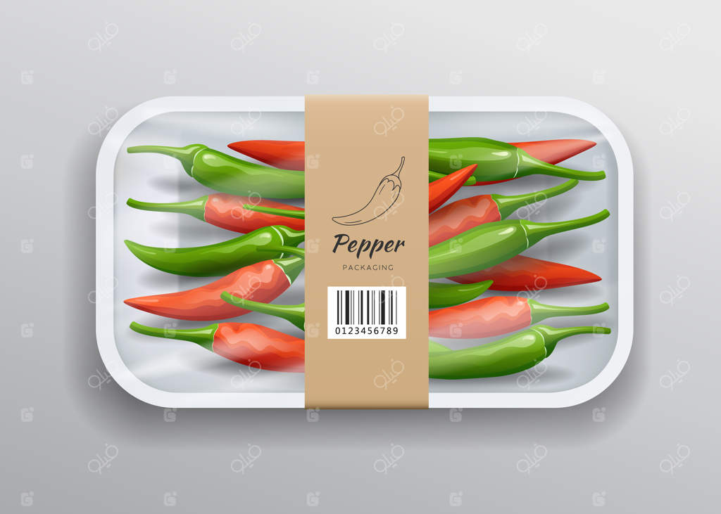 بسته‌بندی فلفل ‌تند تازه در سینی فومی سفید با برچسب قهوه‌ای طراحی‌شده