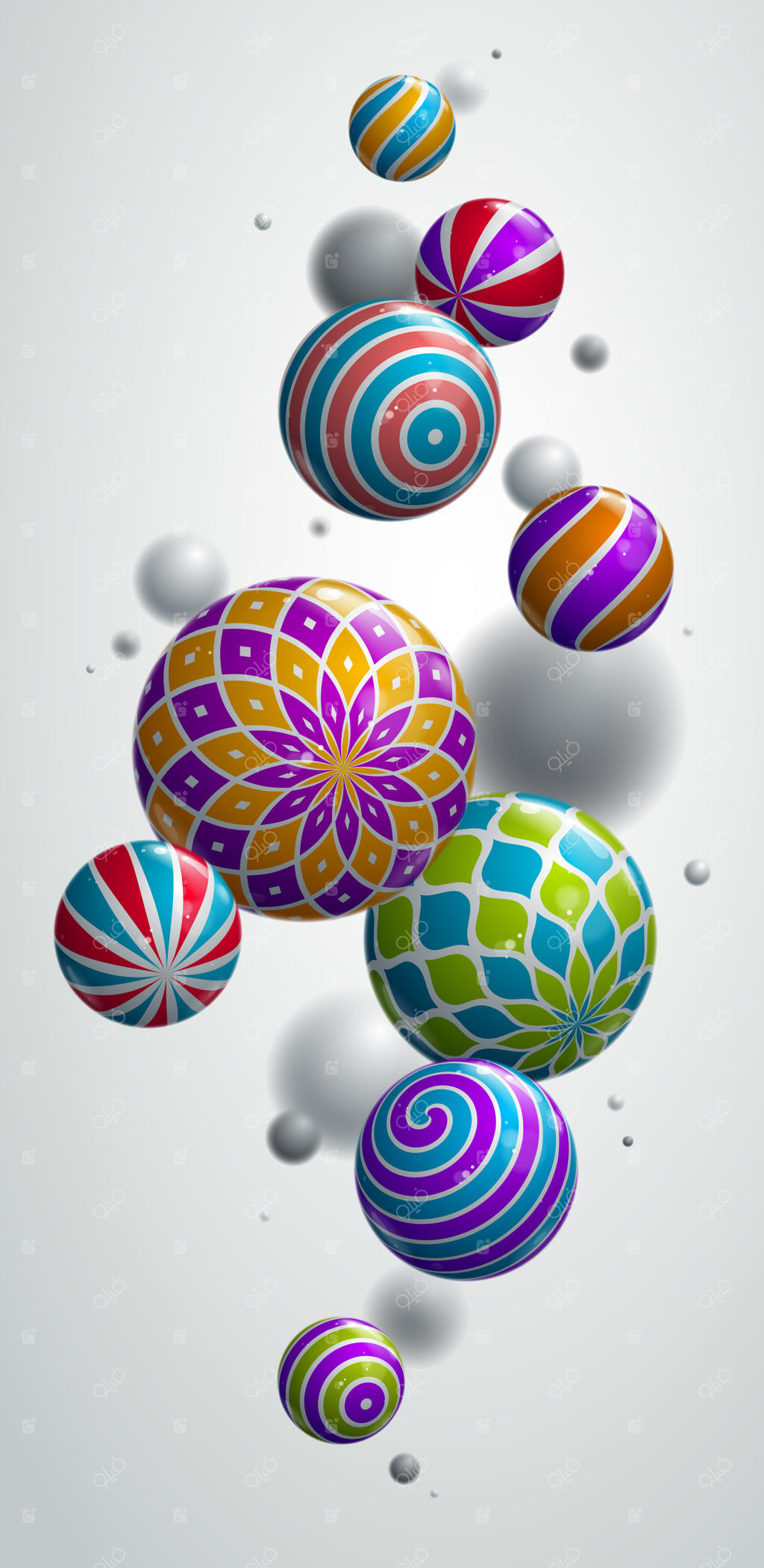 پس‌زمینه وکتور کره‌های انتزاعی برای گوشی، ترکیبی از توپ‌های شناور با الگوهای خاص، تصویر زمینه گوشی، کره‌ها به صورت سه‌بعدی و واقع‌گرایانه همراه با افکت عمق میدان.