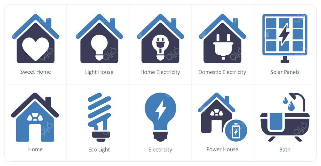مجموعه ۱۰ آیکون املاک و مستغلات شامل طرح‌های خانه، روشنایی و برق ساختمان