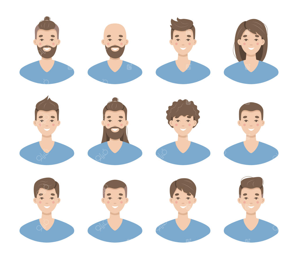 مجموعه وکتور مدل موهای مردانه: کلکسیونی از سر مردان با مدل موها و ریش‌های به‌روز! شامل موهای بلند، کوتاه و فر با روندهای مد روز آرایشگاه. تصویرسازی‌های کارتونی از آرایشگر برای آواتار.