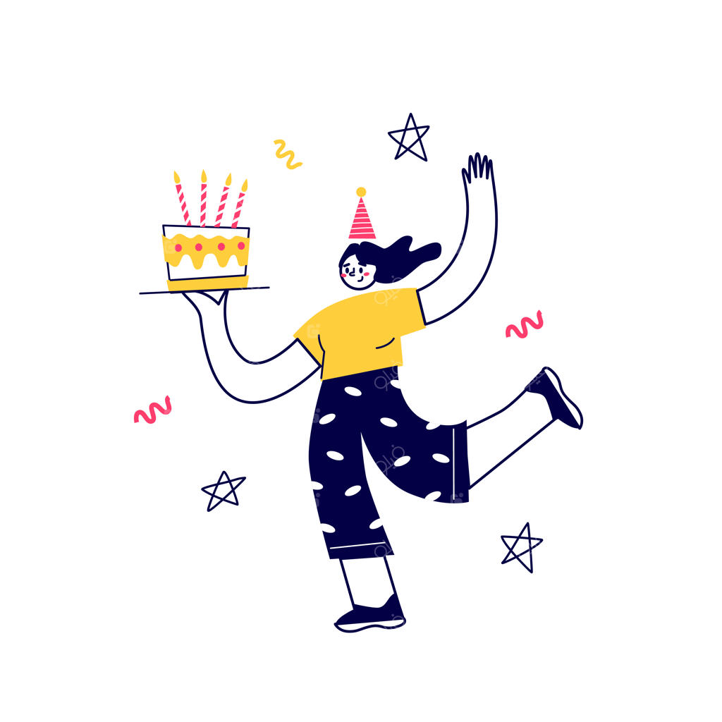 جشن گرفتن شخصیت بامزه، هدیه دادن، لذت بردن از تعطیلات و کیک خوردن در جشن تولد؛ تصویرسازی فلت