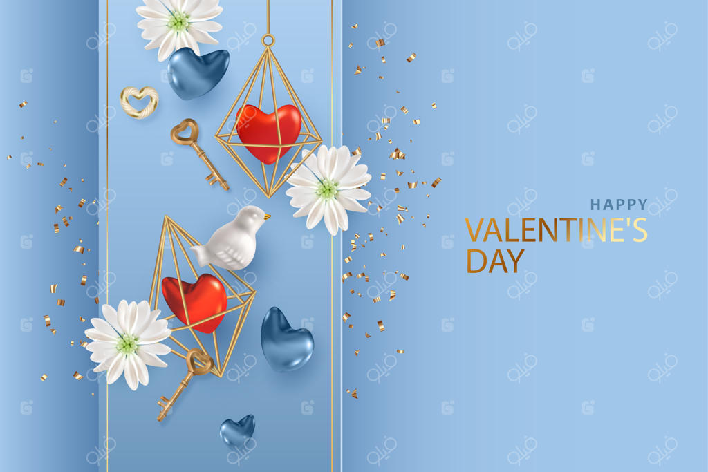 کارت روز ولنتاین: ترکیب خلاقانه قفس از جنس کریستال طلایی با قلبی درون آن، پرنده سفید، کلیدهای طلایی قدیمی و گل‌ها