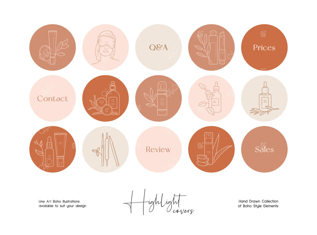 مجموعه‌ای از طرح‌های خطی بوهو دست‌ساز و آیکون‌های ویژه‌هایلایت استوری رسانه‌های اجتماعی