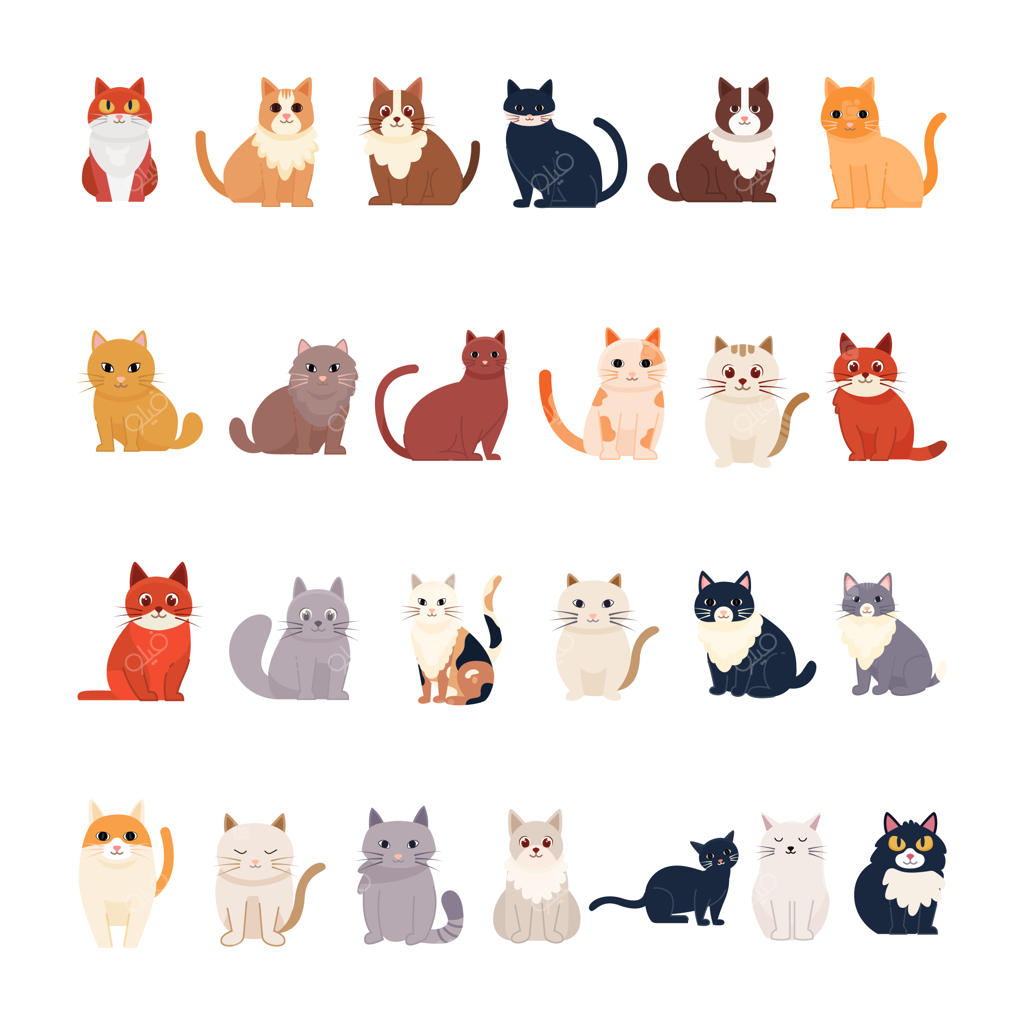 مجموعه وکتور تصویرسازی دستی گربه‌های بامزه و شخصیت‌های دوست‌داشتنی