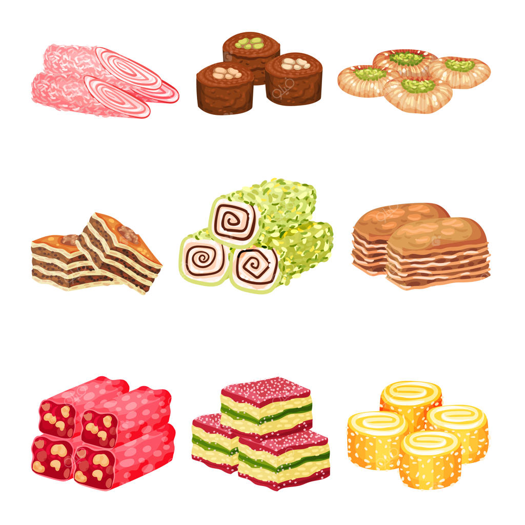 مجموعه‌ای از شیرینی‌های شرقی بر روی زمینه سفید