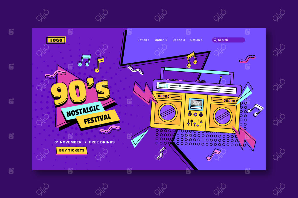 صفحه فرود جشنواره موسیقی نوستالژیک دهه ۹۰ با طراحی تخت