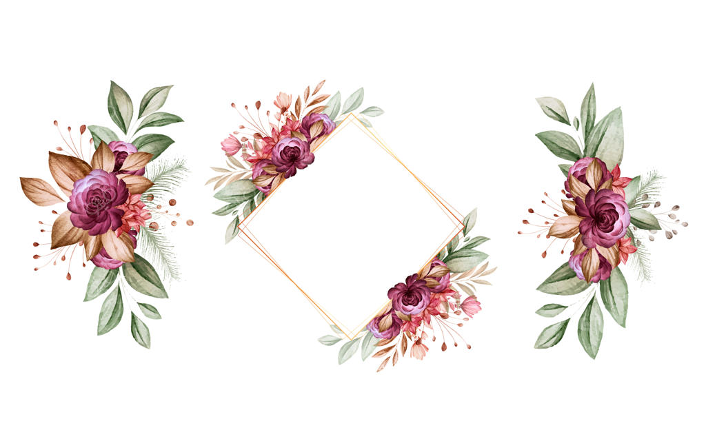 مجموعه‌ای از ترکیب‌های گل‌آرایی آبرنگی با رزهای قهوه‌ای و برگ‌های زرشکی.