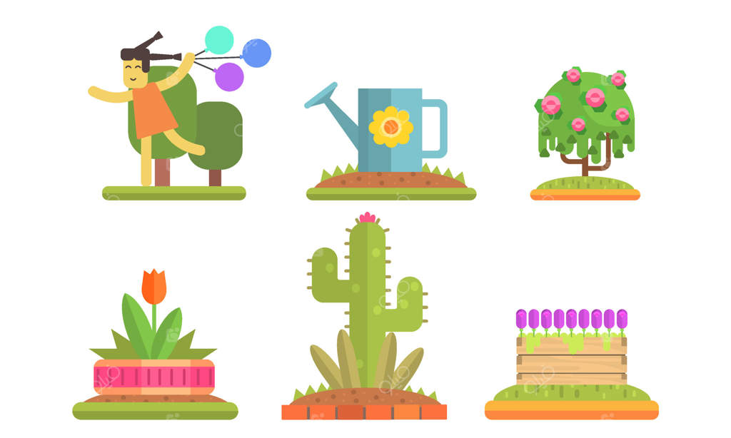 مجموعه عناصر گل‌های پارک و باغ، باغچه‌های گل و گیاه، تصویر دختری که با بادکنک‌های رنگارنگ می‌دود