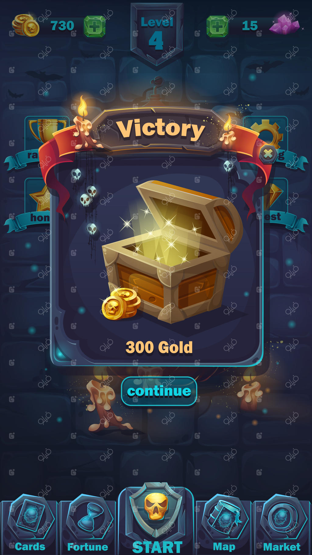 پنجره پیروزی نبرد هیولا - رابط کاربری بازی با طراحی کارتونی - پس‌زمینه دیوار ترسناک هالووین