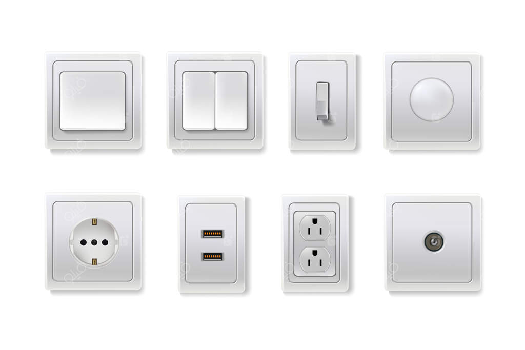 کلید پریز برق برای اتصال دوشاخه‌ها یا دستگاه‌های برقی آمریکایی و اروپایی جهت تأمین انرژی و روشنایی بر روی زمینه سفید