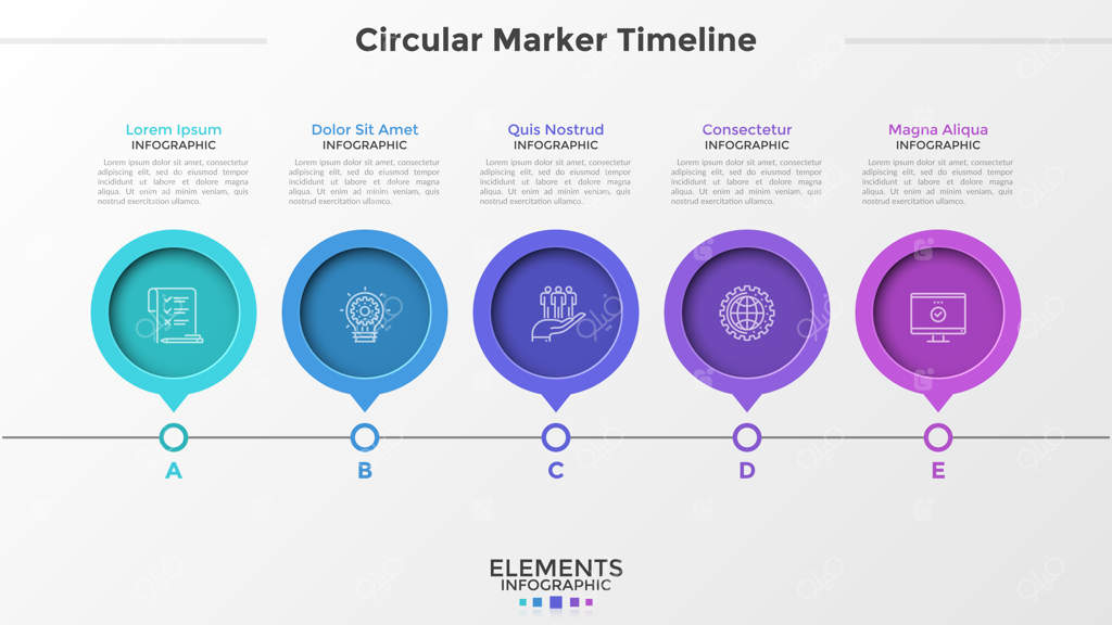 خط زمان افقی با پنج نشانگر گرد، نمادهای خط نازک و فضای متن. قالب طراحی اینفوگرافیک ساده. تصویر برداری برای ارائه و بروشور.