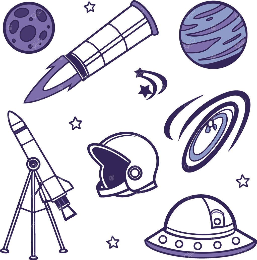 اشیاء فضایی شامل تلسکوپ، کلاه فضانوردی، سیاره، موشک و ستاره‌ها بر روی زمینه سفید
