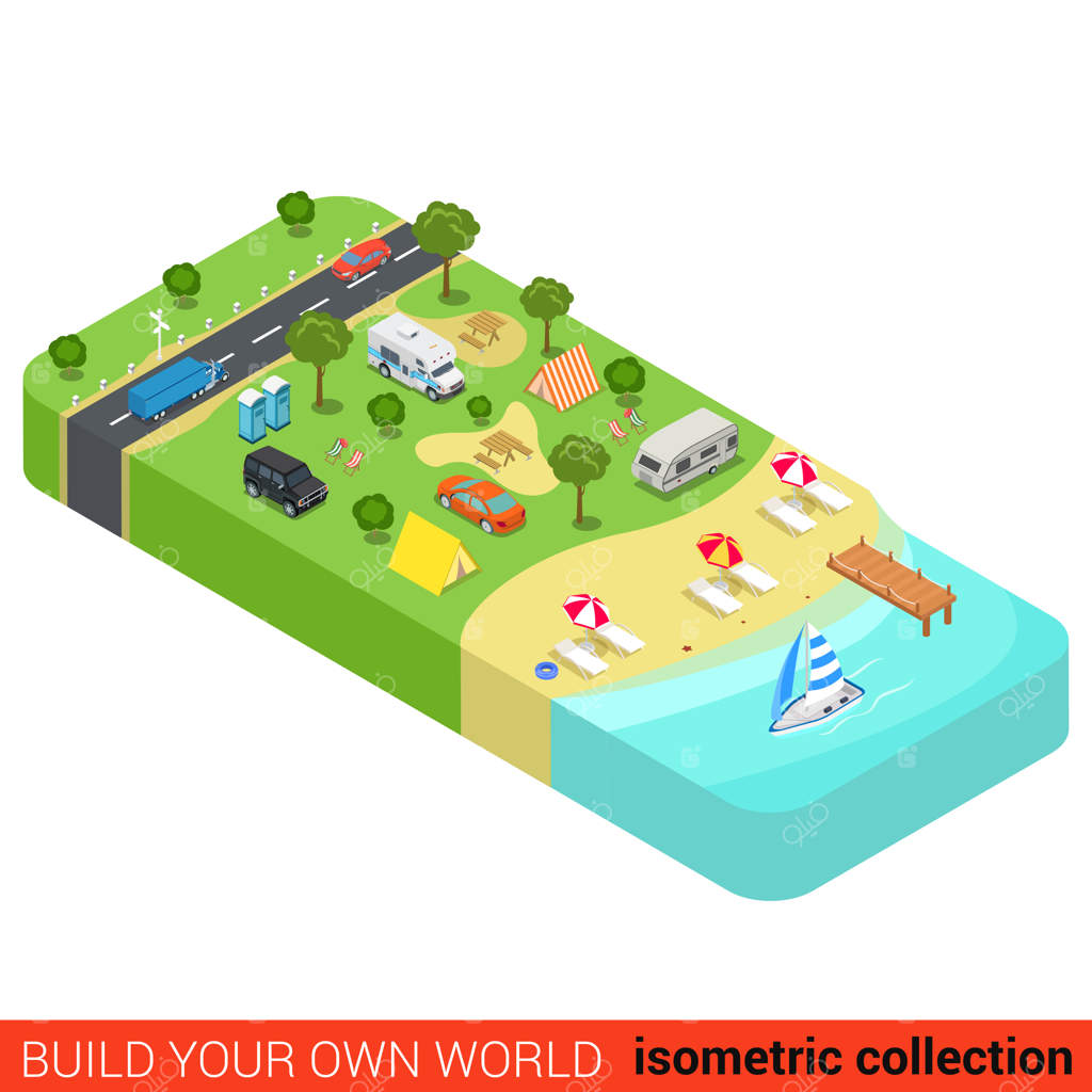 مجموعه اینفوگرافیک جهان خود را بسازید: مفاهیم تخت ایزومتریک برای تعطیلات ساحلی، کمپینگ در طبیعت، و گردشگری با قایق‌های تفریحی، دریا و آفتاب‌گیری