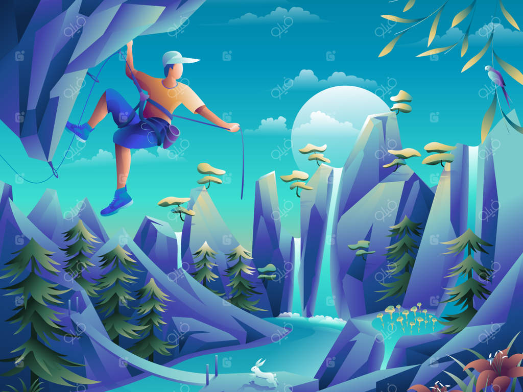 طبیعت وکتوری: صعود ماجراجو به قله کوه با چشم‌انداز زیبا و بی‌نظیر