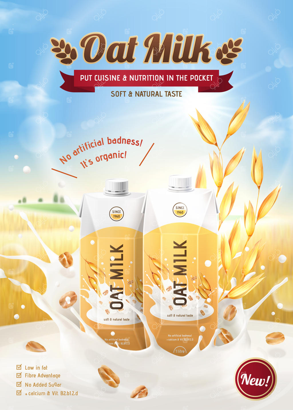 بنر شیر جو با مایع پاشیده و بسته‌های مقوایی در مزرعه‌ی غلات با پس‌زمینه بوکه