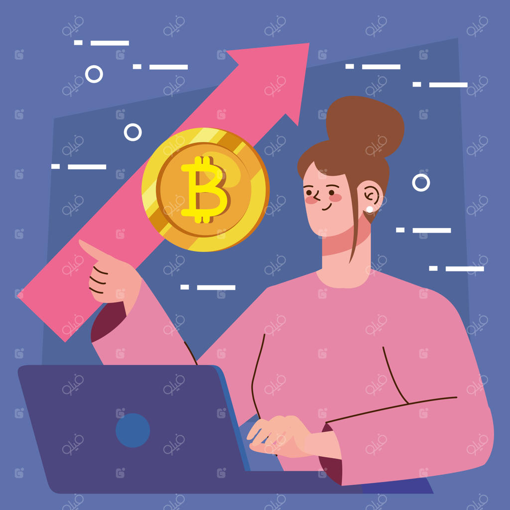 بیت‌کوین و زنی با لپ‌تاپ