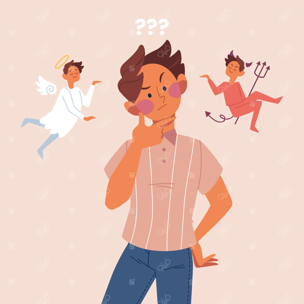 مفهوم معمای اخلاقی: مردی با یک فرشته و یک شیطان بر روی شانه‌هایش