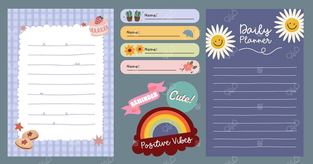 مجموعه‌ای از عناصر جذاب برای ژورنال‌نویسی با برچسب‌ها و برچسب‌های رنگارنگ، ایده‌آل برای اسکرپ‌بوکینگ، تزیین پلنر و برآورده‌کردن نیازهای لوازم‌التحریر خلاقانه با طراحی‌های شاد و سرگرم‌کننده