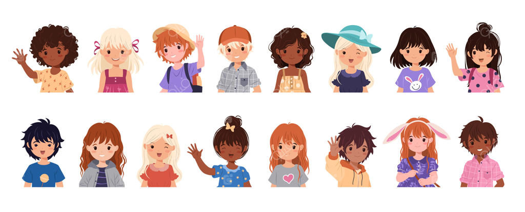 مجموعه پرتره چهره کودکان بامزه. آواتارهای دختر و پسر بانمک با لباس‌های روزمره. شخصیت‌های کودک پیش‌دبستانی و مدرسه‌ای با ملیت‌های گوناگون. تصویرسازی‌های تخت و جداشده در زمینه سفید.