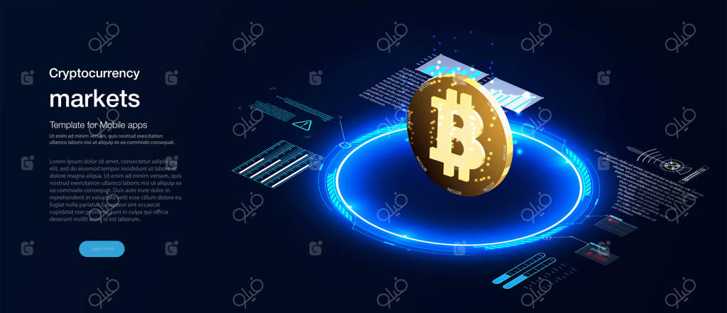 صفحه فرود بازار ارزهای دیجیتال: هولوگرام سکه بیت‌کوین بر روی پس‌زمینه‌ای آینده‌نگر و آبی. استخراج ارزهای دیجیتال یا فارم رمزارز. ایجاد بیت‌کوین‌ها. مفهوم استخراج و بلاک‌چین.