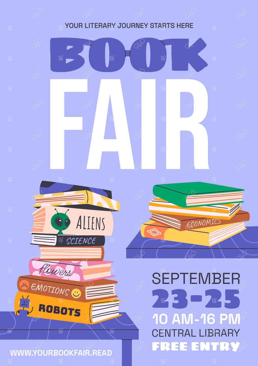 پوستر عمودی نمایشگاه یا جشنواره کتاب برای تبلیغات. توده‌ای از کتاب‌های متنوع. طراحی بنر دست‌ساز برای رویدادهای آموزشی، روز جهانی کتاب و بازگشت به مدرسه.