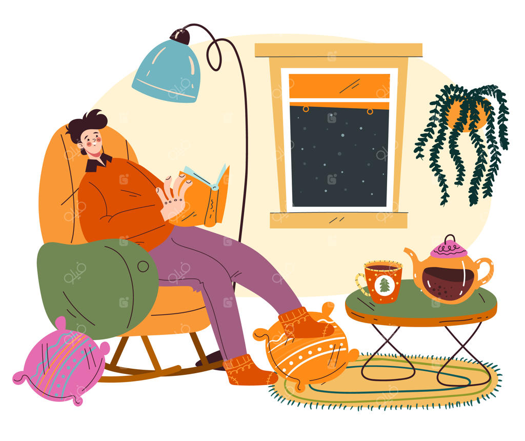 افراد در فضای داخلی دنج خانه کتاب می‌خوانند - طراحی گرافیکی و عناصر انتزاعی