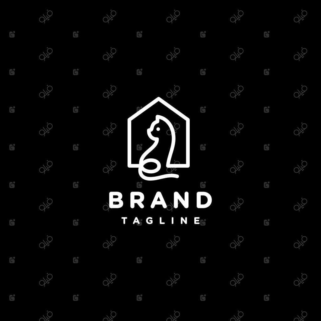 طراحی لوگوی گربه‌ای ساده درون خانه. طراحی لوگوی خطی خانه گربه با پس‌زمینه سیاه.