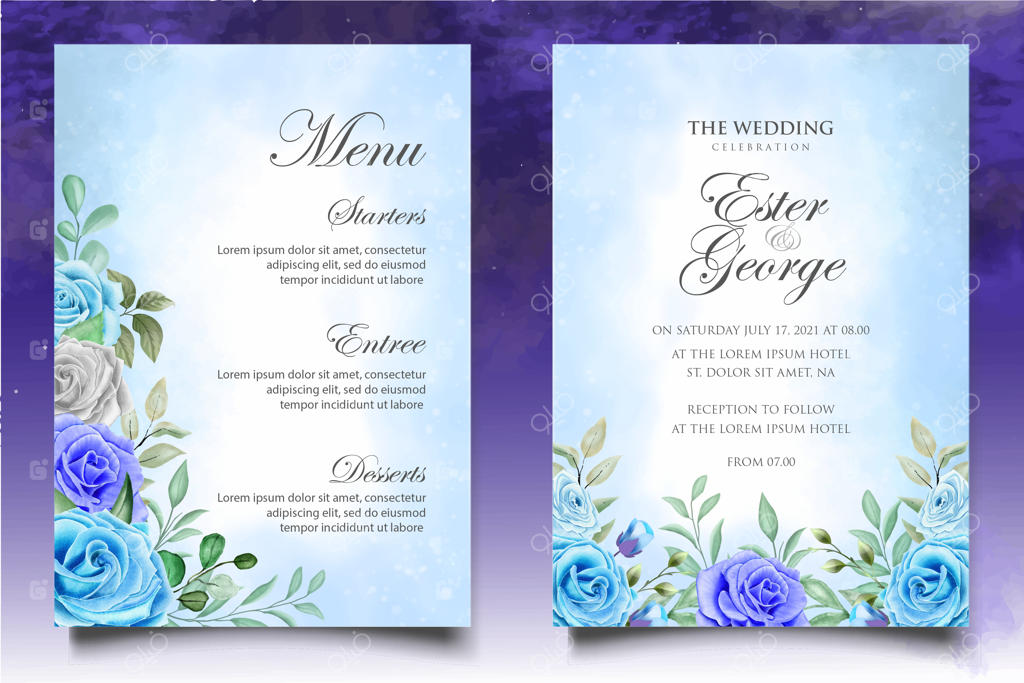 طرح دعوتنامه عروسی با طراحی آبرنگی و گل‌ها و برگ‌های زیبا