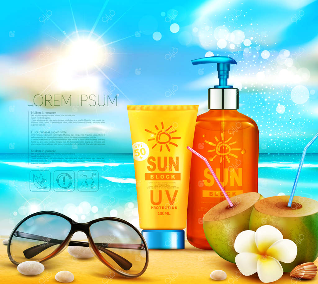 تصویر واقع‌گرایانه از بطری‌های سه‌بعدی محصولات ضد آفتاب. کرم ضد آفتاب روی ساحل قرار گرفته‌اند