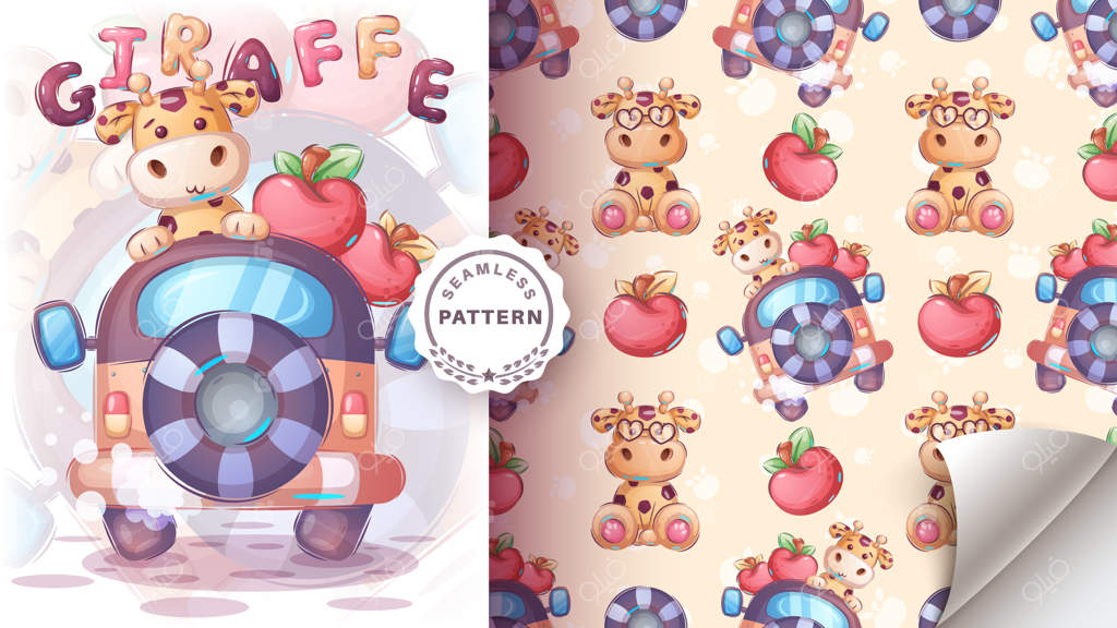 پترن یکپارچه شخصیت کارتونی زرافه دوست‌داشتنی در سفر
