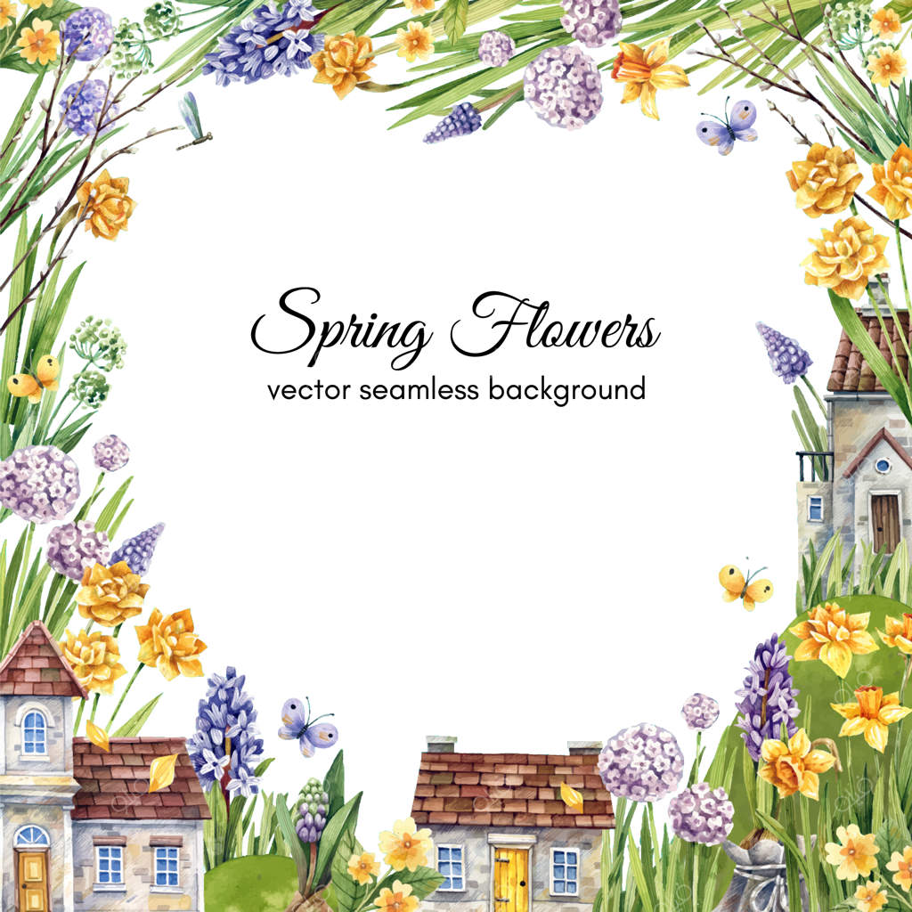 خانه‌های روستایی در باغ بهاری پر از گل‌های نرگس، سنبل و موسکار، قاب مربعی شکل