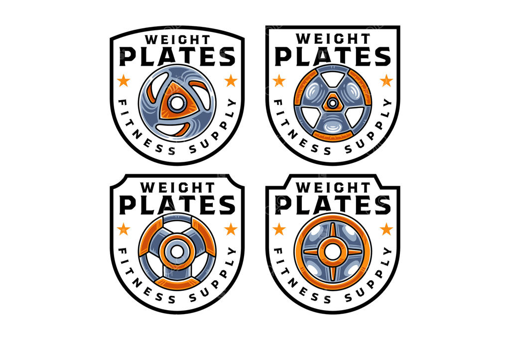 ست طراحی تصاویر رنگارنگ دیسک‌های وزنه. مجموعه لوگوهای نشان دیسک وزنه. تناسب اندام، باشگاه، تجهیزات ورزشی، تمرینات وزنه‌ای، مراقبت از بدن، بدن‌سازی، تمرین، وزنه‌برداری