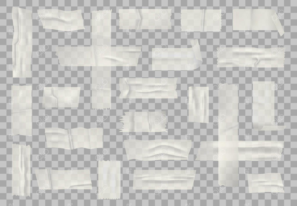 نوار چسب شفاف: مجموعه‌ای از نوارهای چسبنده، تکه‌های چسبانده شده به کاغذ و نوارهای استیکرها. نوارهای چسبان شفاف و چین‌خورده.