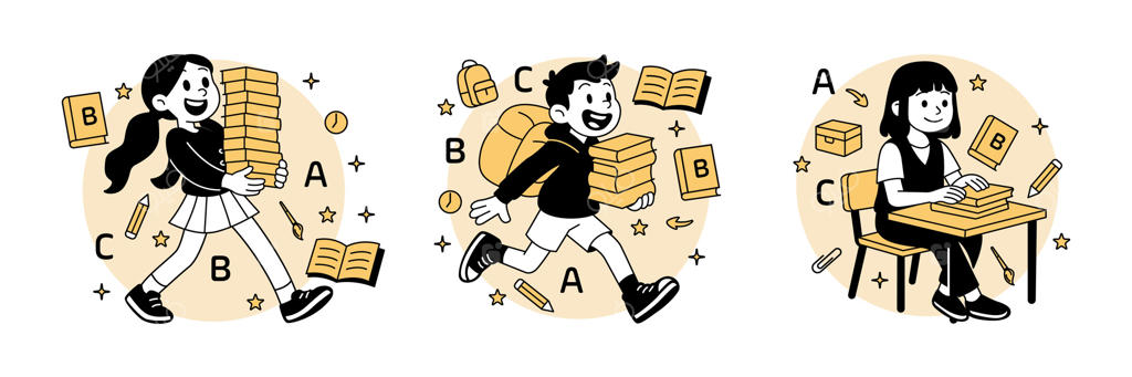 کودکان شاد کارتونی بازگشت به مدرسه: دختری با کتاب‌ها، پسری با کوله‌پشتی و دختری پشت میز با وسایل جدید. مجموعه‌ی جالب برای موضوعات یادگیری و آموزشی.