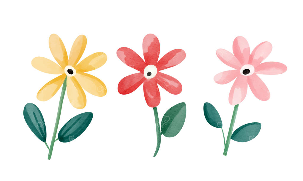 ست آبرنگ دست‌ساز با گل‌های مینا به سبک کودکانه برای تزئینات و چاپ‌های فصلی شاد