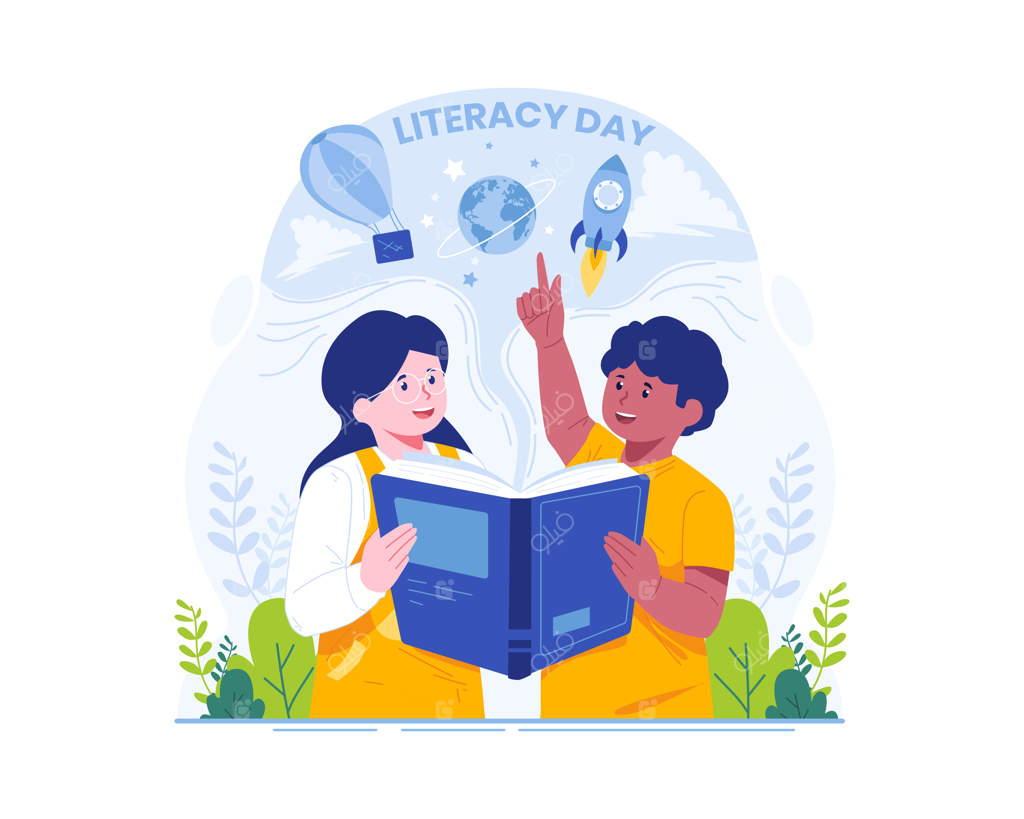 تصویرسازی روز جهانی سوادآموزی با دو کودک دوست داشتنی که کتاب آموزشی می‌خوانند