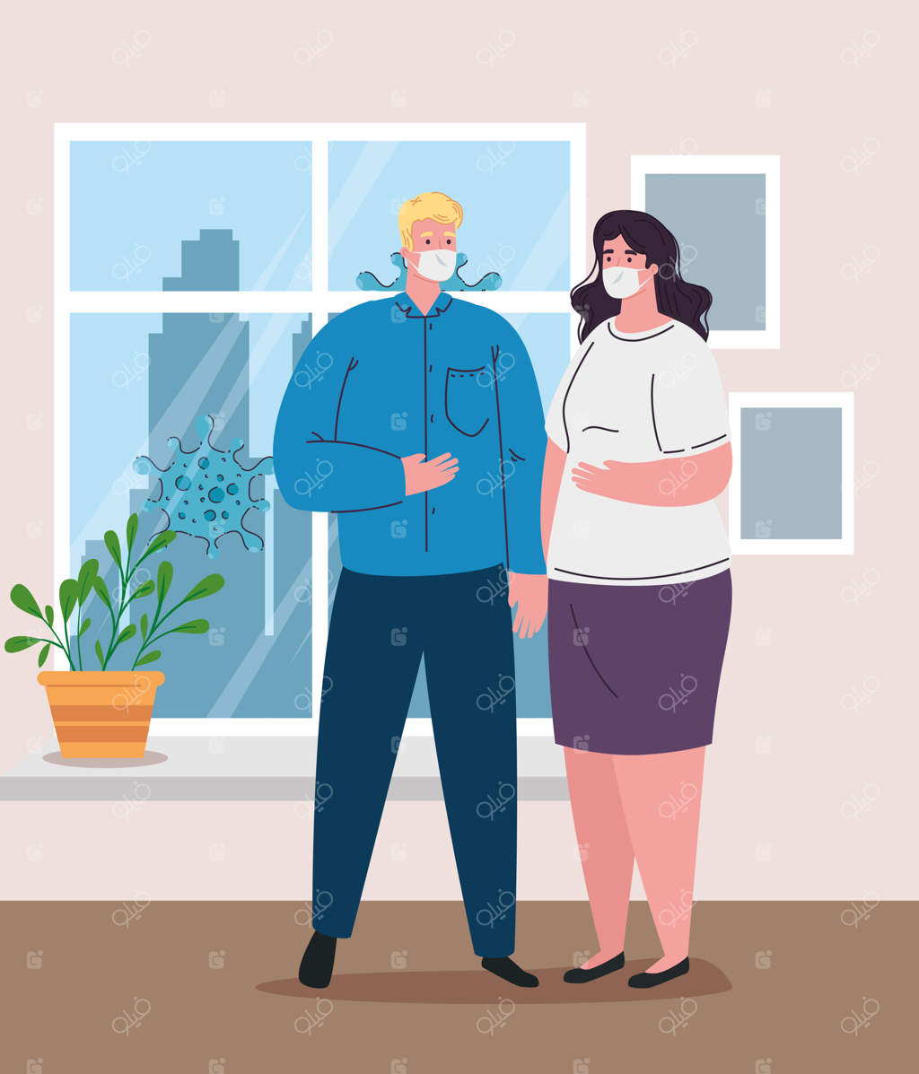 اقامت در خانه، قرنطینه یا خود انزوا، زوجی با ماسک پزشکی، مفهوم پیشگیری و سلامت