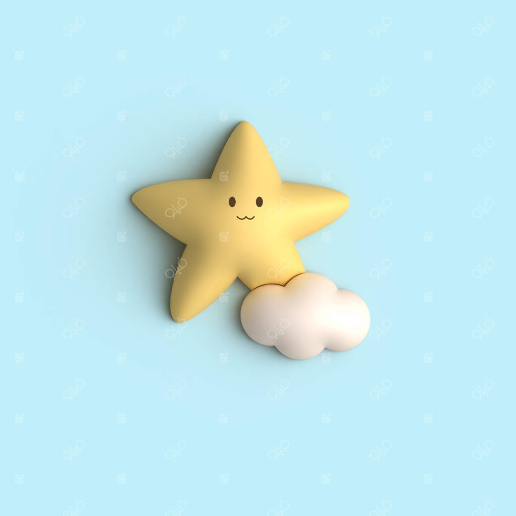 تصویر سه‌بعدی ستاره بامزه، ابر و پس‌زمینه آبی