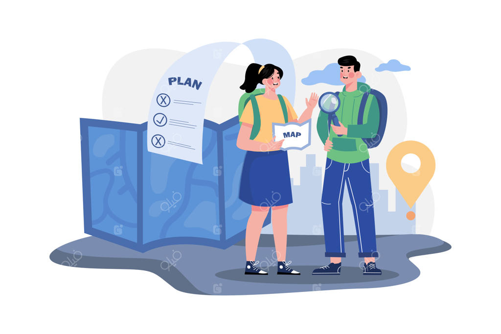 زوج در حال برنامه‌ریزی سفر روی نقشه