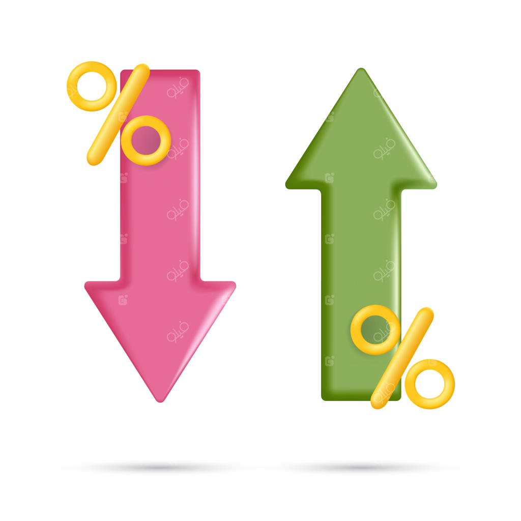 معامله‌گری در بورس: نمودار فلش‌های روند با درصد فروش قرمز و خرید سبز در قالب وکتور سه‌بعدی