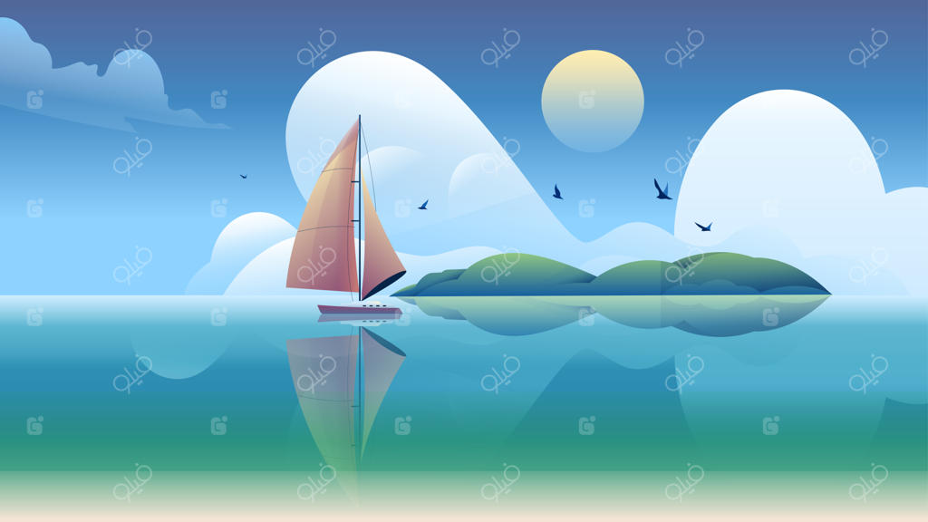 تصویر برداری از قایق بادبانی در دریا با جزیره‌ای در پس‌زمینه