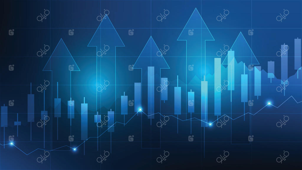 پس‌زمینه مالی: نمودار شمعی بازار سهام با نمودار میله‌ای و فلش صعودی