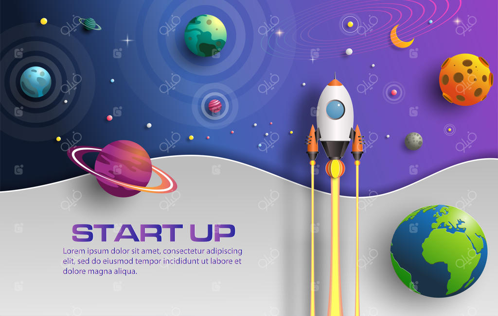 هنر کاغذی موشک در حال پرواز در فضا با مفهوم راه‌اندازی.