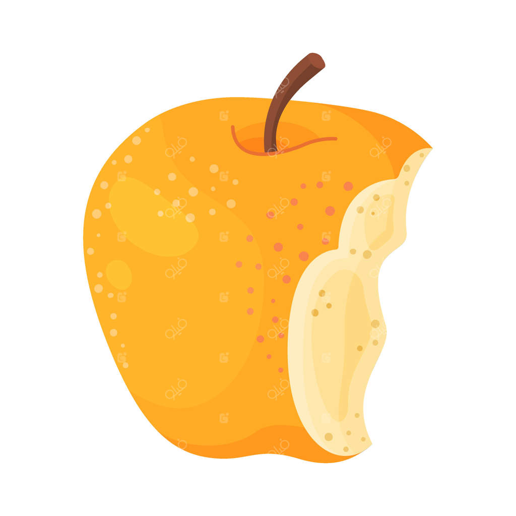 سیب زرد آبدار با تکه‌ای گاز گرفته. آیکون دستی کشیده شده به سبک مدرن و تخت روی پس‌زمینه شفاف. سیب گاز زده، میوه تازه باغی. تصویر سیب زرد "گولدن دلیشز"