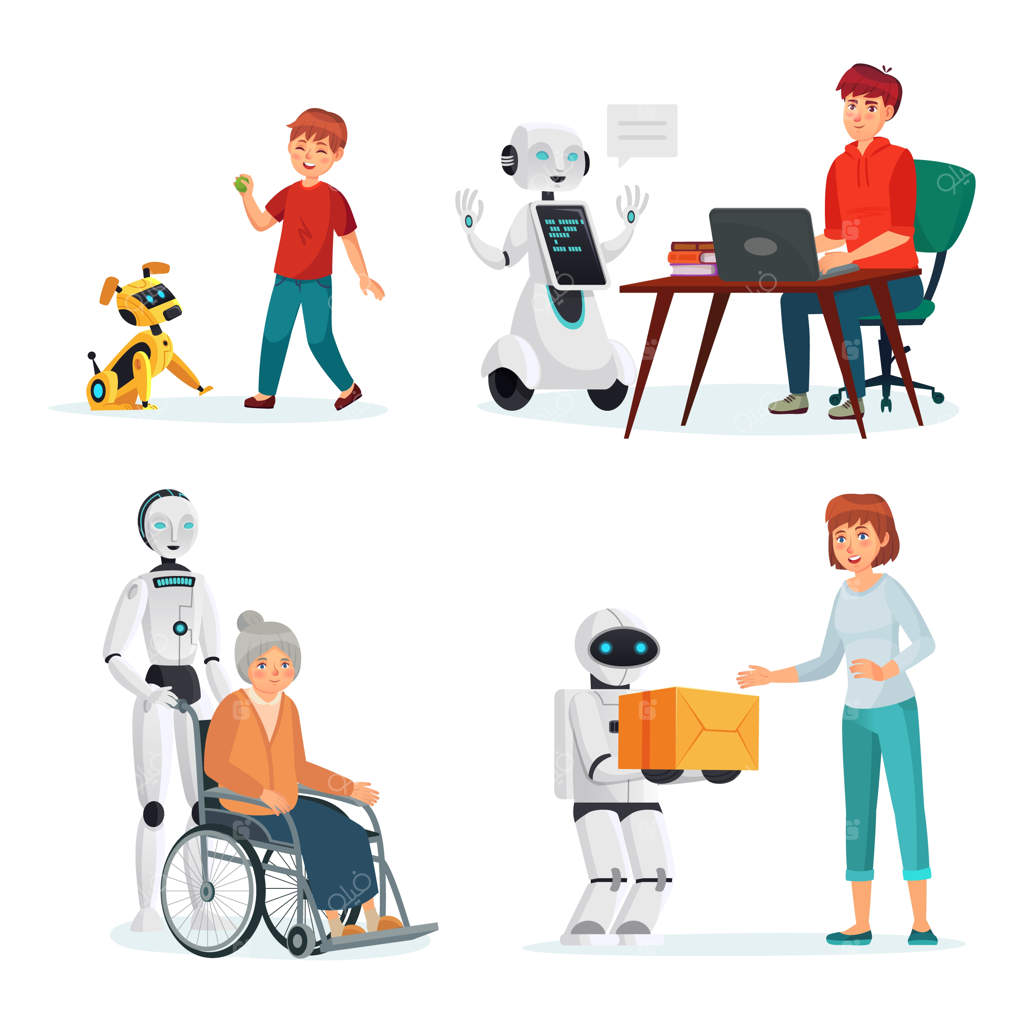 ربات‌ها در موقعیت‌های مختلف با انسان‌ها تعامل دارند: دستیار هوشمند و پیک وکتور، تصویرسازی سگ خانگی رایانه‌ای